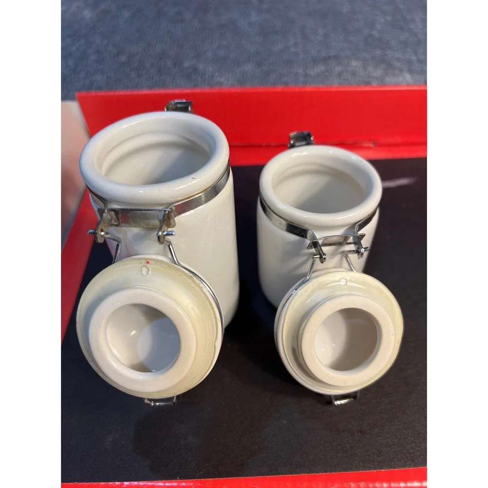 Oggi White Ceramic Canister Set of 2 Airtight Locking Metal Bail Jars Minimalist
